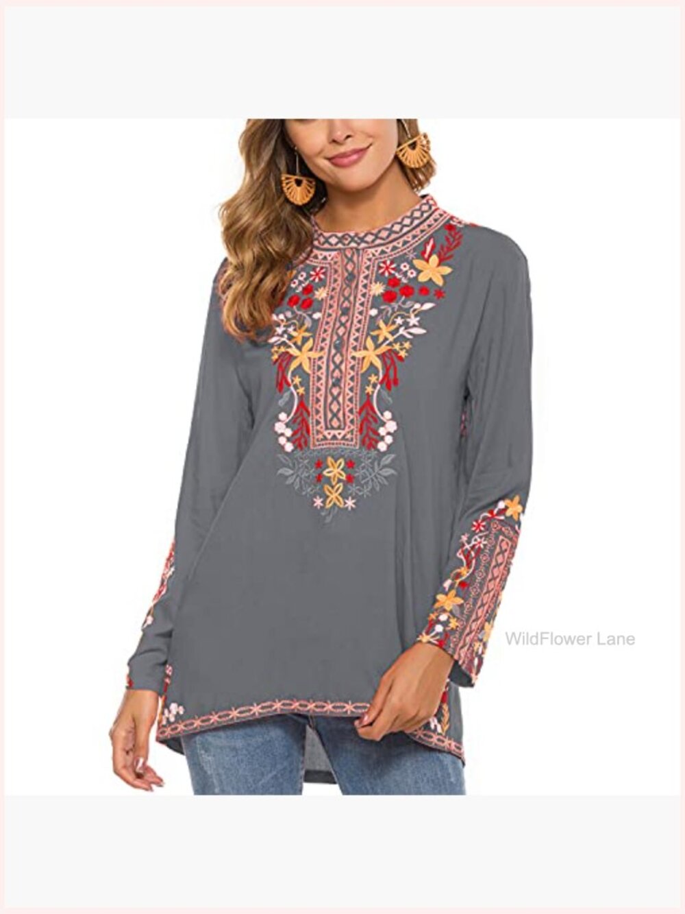 Boho Embroidered Long Sleeve Tunic Blouse Women Peasant Top - Picture 2 of 6